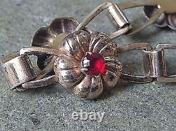 Vintage Sterling Silver Bracelet Flower Link Red Rhinestone GP 7.25 10.6g