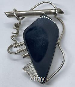 Vintage Sterling Silver Brooch Pin 925 Modernist Large Black