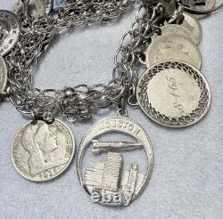 Vintage Sterling Silver Charm Bracelet Coins Houston Space 1964 Worlds Fair