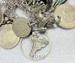 Vintage Sterling Silver Charm Bracelet Coins Houston Space 1964 Worlds Fair