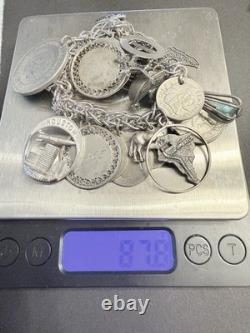 Vintage Sterling Silver Charm Bracelet Coins Houston Space 1964 Worlds Fair