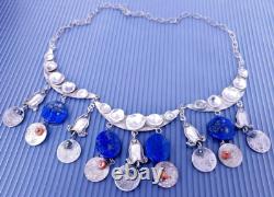 Vintage Sterling Silver Ethnic Oriental Lapis Coin Charm Necklace 17