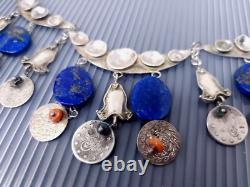 Vintage Sterling Silver Ethnic Oriental Lapis Coin Charm Necklace 17