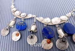 Vintage Sterling Silver Ethnic Oriental Lapis Coin Charm Necklace 17