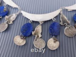 Vintage Sterling Silver Ethnic Oriental Lapis Coin Charm Necklace 17
