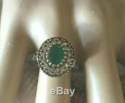 Vintage Sterling Silver Gold Ring with Emerald White Sapphires Antique Jewelry