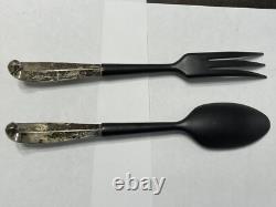 Vintage Sterling Silver Handle Wooden Fork & Spoon Salad Server Set BLOOMINGDALE