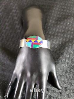 Vintage Sterling Silver Inlay Gemstone Cuff Bracelet Navajo Manygoats