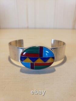 Vintage Sterling Silver Inlay Gemstone Cuff Bracelet Navajo Manygoats