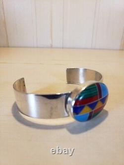 Vintage Sterling Silver Inlay Gemstone Cuff Bracelet Navajo Manygoats