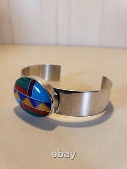 Vintage Sterling Silver Inlay Gemstone Cuff Bracelet Navajo Manygoats