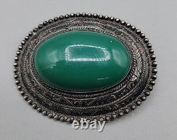 Vintage Sterling Silver JM Green Onyx Brooch 925