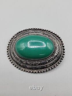 Vintage Sterling Silver JM Green Onyx Brooch 925