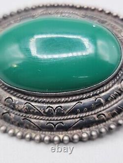 Vintage Sterling Silver JM Green Onyx Brooch 925