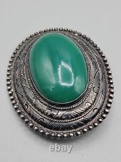 Vintage Sterling Silver JM Green Onyx Brooch 925