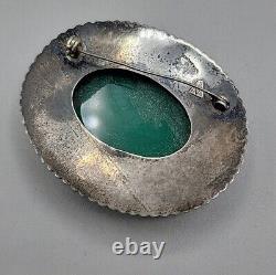 Vintage Sterling Silver JM Green Onyx Brooch 925