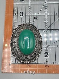 Vintage Sterling Silver JM Green Onyx Brooch 925