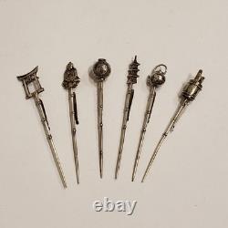 Vintage Sterling Silver Japanese Themed Cocktail Skewers Set of Six Original Box