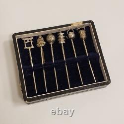 Vintage Sterling Silver Japanese Themed Cocktail Skewers Set of Six Original Box
