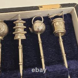 Vintage Sterling Silver Japanese Themed Cocktail Skewers Set of Six Original Box