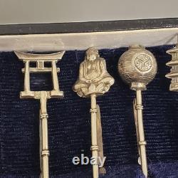 Vintage Sterling Silver Japanese Themed Cocktail Skewers Set of Six Original Box