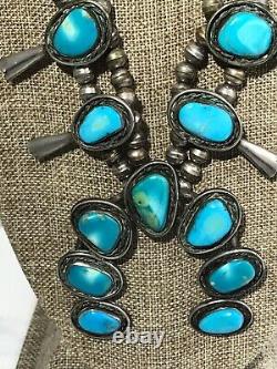 Vintage Sterling Silver LARGE Squash Blossom Turquoise Necklace 14946/ECC/OSF