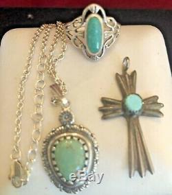 Vintage Sterling Silver Lot Carolyn Pollack Pendant Turquoise Ring Cross