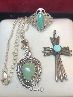 Vintage Sterling Silver Lot Carolyn Pollack Pendant Turquoise Ring Cross