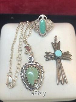 Vintage Sterling Silver Lot Carolyn Pollack Pendant Turquoise Ring Cross