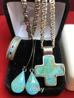 Vintage Sterling Silver Lot Jewelry Southwestern Ring Earring Cross Turquoise