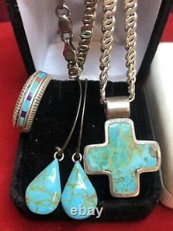 Vintage Sterling Silver Lot Jewelry Southwestern Ring Earring Cross Turquoise