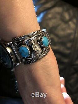 Vintage Sterling Silver MENS Native American Western TURQUOISE Watch Band
