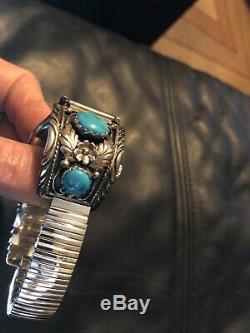 Vintage Sterling Silver MENS Native American Western TURQUOISE Watch Band