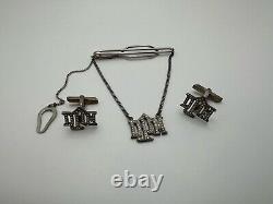 Vintage Sterling Silver MM Monogrammed DPM Marcasite Tie Clip Cufflinks
