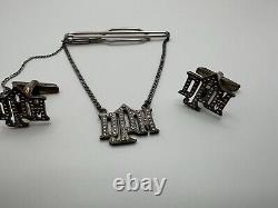 Vintage Sterling Silver MM Monogrammed DPM Marcasite Tie Clip Cufflinks