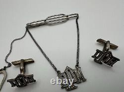 Vintage Sterling Silver MM Monogrammed DPM Marcasite Tie Clip Cufflinks