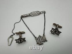 Vintage Sterling Silver MM Monogrammed DPM Marcasite Tie Clip Cufflinks