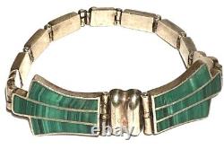 Vintage Sterling Silver Malachite Studio Artisan Modernist Clasp Link Bracelet