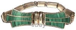 Vintage Sterling Silver Malachite Studio Artisan Modernist Clasp Link Bracelet