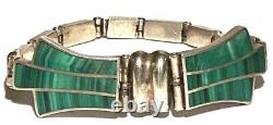 Vintage Sterling Silver Malachite Studio Artisan Modernist Clasp Link Bracelet