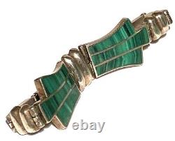 Vintage Sterling Silver Malachite Studio Artisan Modernist Clasp Link Bracelet