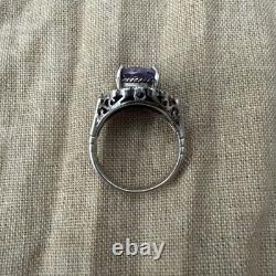 Vintage Sterling Silver Marcasite Ring Alexandrite Paste Filigree Size 7.25