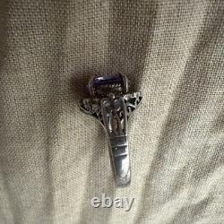 Vintage Sterling Silver Marcasite Ring Alexandrite Paste Filigree Size 7.25