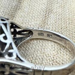 Vintage Sterling Silver Marcasite Ring Alexandrite Paste Filigree Size 7.25