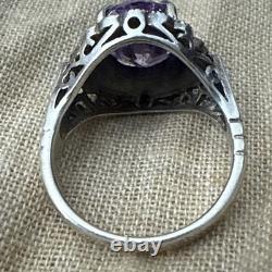 Vintage Sterling Silver Marcasite Ring Alexandrite Paste Filigree Size 7.25