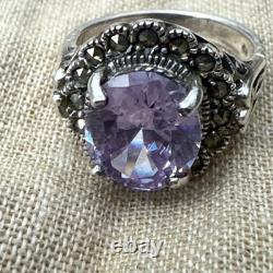 Vintage Sterling Silver Marcasite Ring Alexandrite Paste Filigree Size 7.25