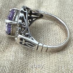 Vintage Sterling Silver Marcasite Ring Alexandrite Paste Filigree Size 7.25