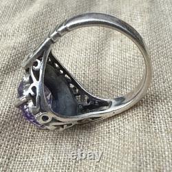 Vintage Sterling Silver Marcasite Ring Alexandrite Paste Filigree Size 7.25