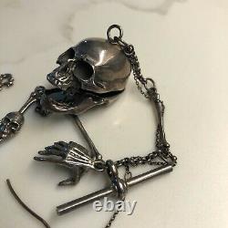 Vintage Sterling Silver Memento Mori Skull Chain Pocket Watch Key Fob
