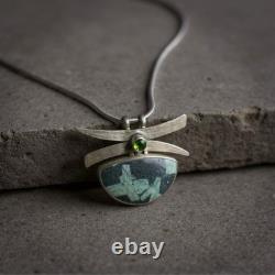 Vintage Sterling Silver Modernist Pendant Necklace with Peridot & Writing Stone